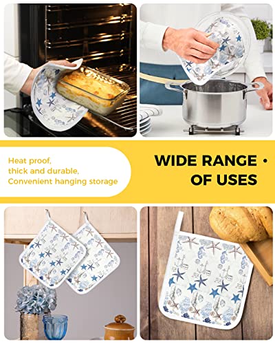 Coastal 3 Pack Pocket Pot Holders,Heat Proof Potholder Multipurpose Hot Pads Oven Mitts Terry Cloth,Undersea Starfish Shell Seahorse Potholders Bulk For Daily Kitchen Baking Cooking #TOP4