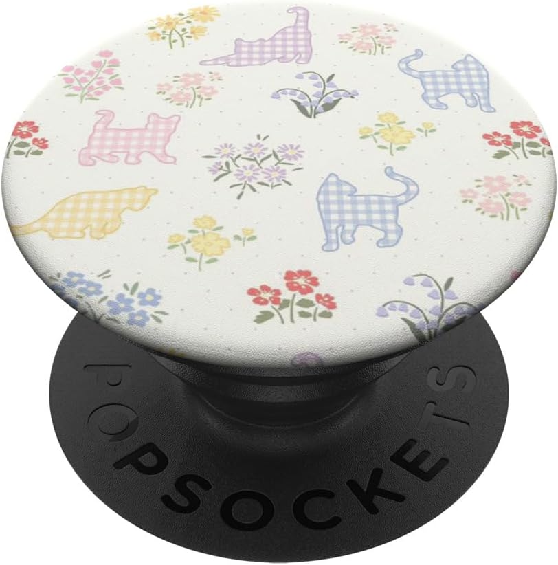 Pastel Gingham Cat Floral Pattern PopSockets PopWallet for MagSafe