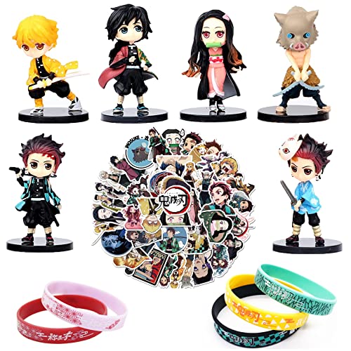 Forhome Demon Slayer Geschenk Set - 6 Demon Slayer Cake Topper Anime Demon Slayer Mini Figures Spielzeug/ 50 Demon Slayer Aufkleber/5 Armbänder für Demon Slayer Party Cover