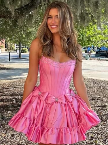 Off Shoulder Satin Homecoming Dresses for Teens Short A Line Strapless Ruffle Cocktail Party Dresses with Bow2