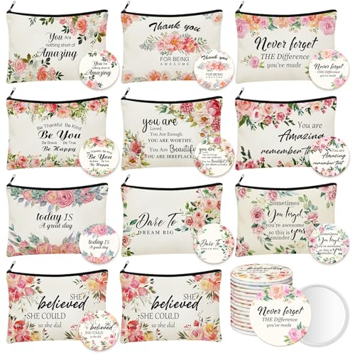 Kacctyen 20 Pcs Housekeeping Week Gifts Employee Appreciation Gifts 10 Inspirational Canvas Cosmetic Bags 10 Mirrors Floral Makeup Bag Thank You Toiletry Pouch for Housekeepers Coworker Church Women