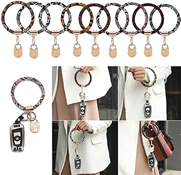 MKF PU Leather Keychain Bracelet For Women - 3-Piece Set Wristlet Bangle, Gold Coffee Beige, Large (4" Diameter)