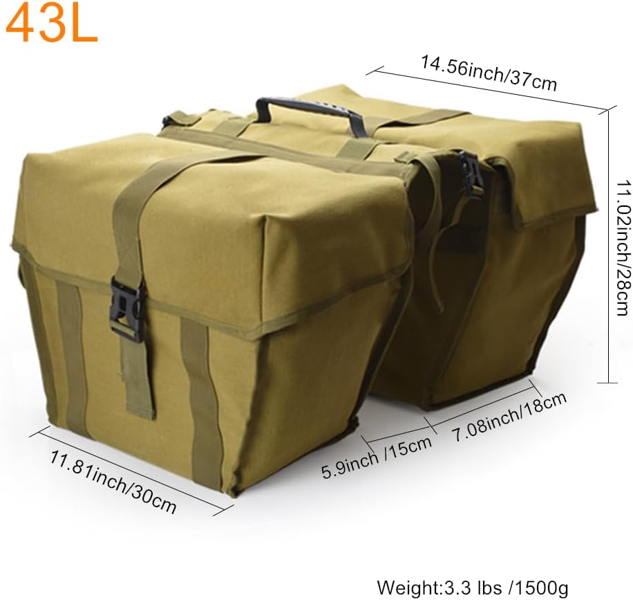 UNISTRENGH Bike Panniers Double Side Tail Bag Waterproof Canvas Bike Rear Rack Bag Large Capacity Cargo Saddle Rack Trunk Equipment Pack for Mountain Bike Riding Cycling (Military Green_43L)