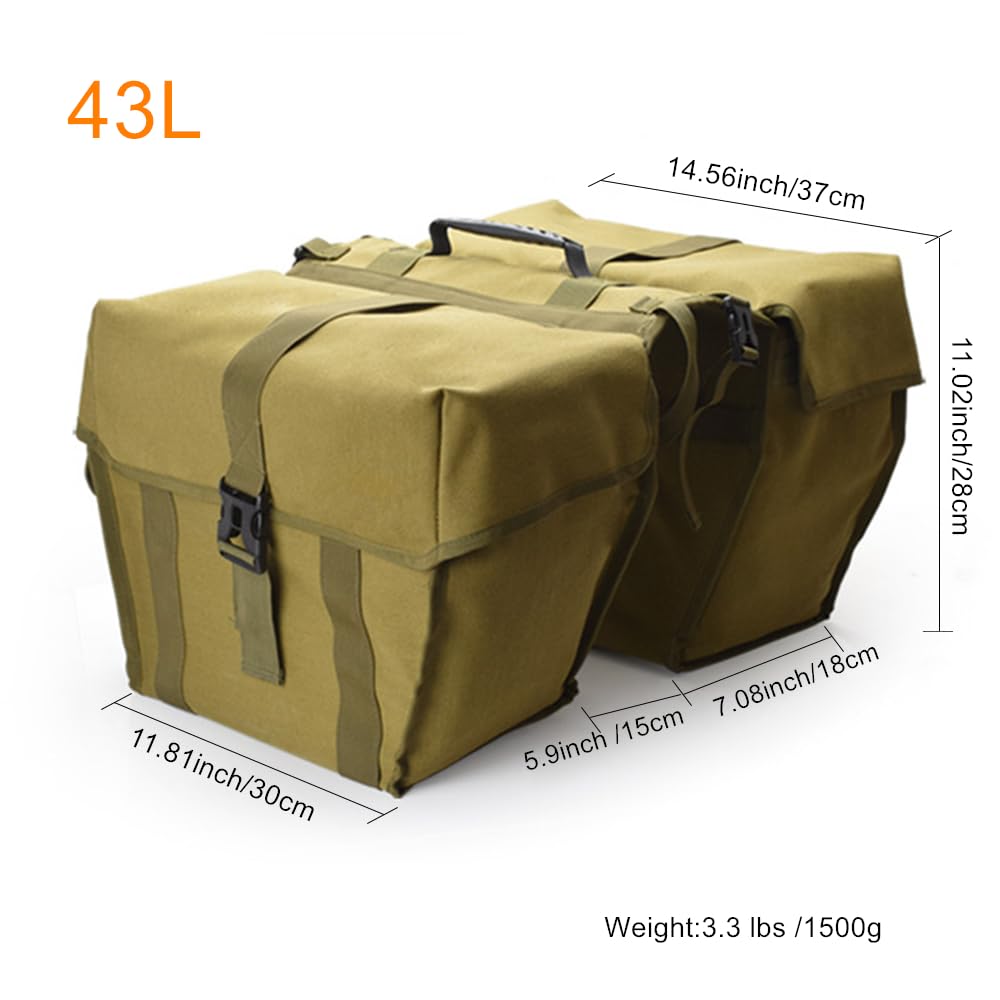 UNISTRENGH Bike Panniers Double Side Tail Bag Waterproof Canvas Bike Rear Rack Bag Large Capacity Cargo Saddle Rack Trunk Equipment Pack for Mountain Bike Riding Cycling (Military Green_43L)
