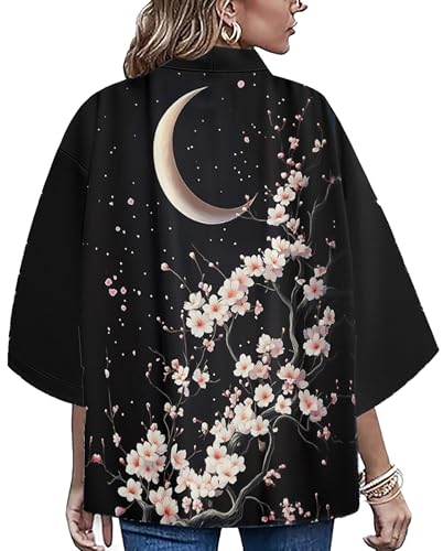 Image of LAI MENG FIVE CATS Women's Floral Print Loose Blouse Japanese Kimono Tops | Puff Sleeve,Cover up Top,Casual Cute Tops,Summer Cardigans 2026