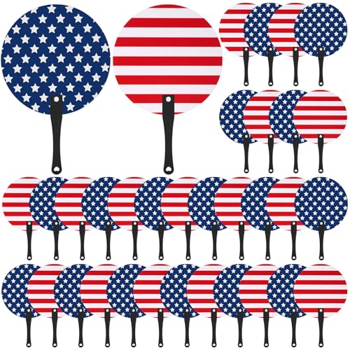 Threehoney 36 Pcs 4th of July Handheld Fans Bulk Independence Day Round Patriotic Stars Stripes Plastic Hand Fans with Handle Red White Blue American Flag for Forth of July Party Favors Parade Gifts