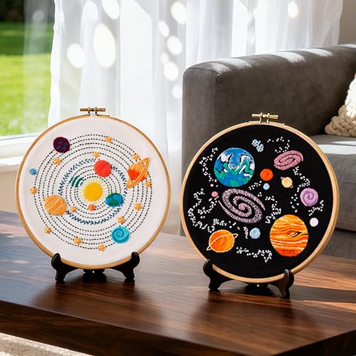 Image of Armindou Embroidery Kit for Adults Beginners, Hand Embroidery Starter Kit with Solar System Patterns, Counted Stamped Cross Stitch Needlepoint Kit for Beginner Adult, 2 Set Embroidery Supplies /Hoop