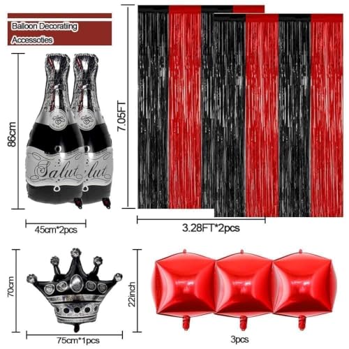 Image of Red Black Party Balloon Kit 2pack Foil Fringe Curtains,Square Foil Wine Bottle Crown Balloons Doubled Burgundy Black Balloon Arch for Birthday Bachelorette Gothic Vampire Celebration Wine Party Decor