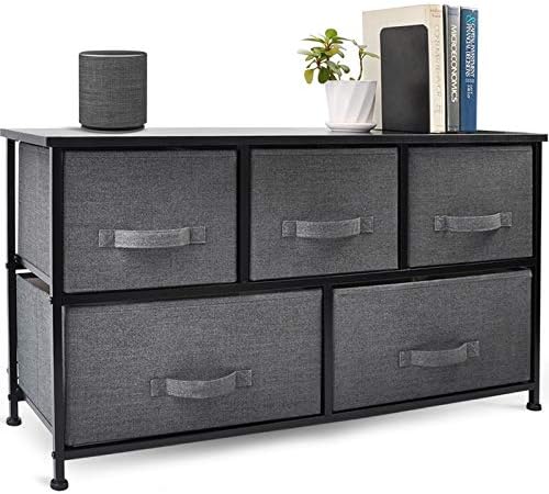 CERBIOR Wide Drawer Dresser Storage Organizer 5-Drawer Closet Shelves, Sturdy Steel Frame Wood Top with Easy Pull Fabric Bins for Clothing, Blankets - Charcoal