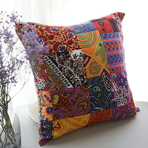 Jaijy Cotton Linen Patchwork Pillow Case Coloful Vintage Bohemian Square Throw Pillows Cover Cozy Holiday Decorative Boho Indoor Cushion 18 X 18 For Car Sofa Farmhouse cover