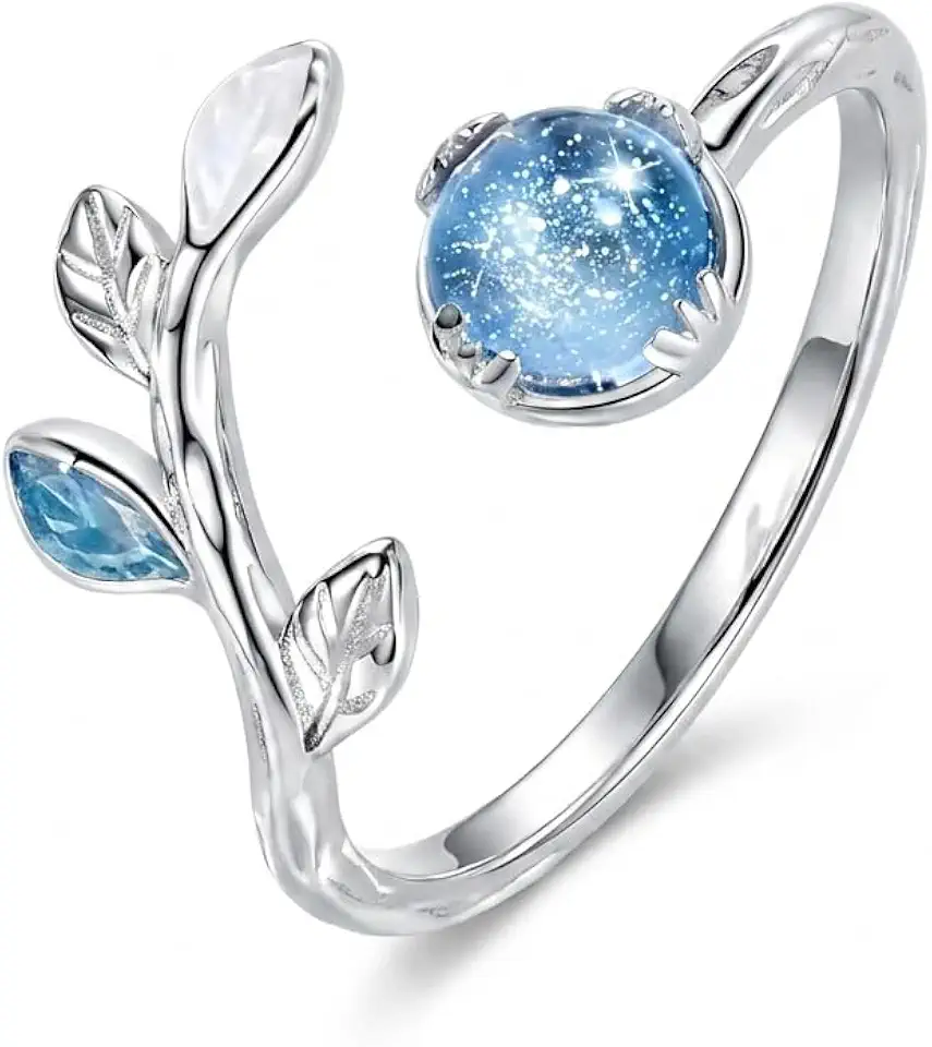 Anel feminino de ponta aberta de prata com luz das estrelas azul, anel de pedra da lua com folha ajustável, alergia pequena e baixa, joia moderna e simples, adequado para uso diário e festa, presente