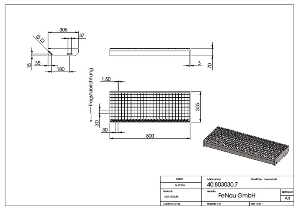 Fenau | Escalón de rejilla (R11) XSL - Dimensiones: 800 x 305 mm - MW: 30 mm / 30 mm - galvanizado en caliente, Escalón de acero según norma DIN, Antideslizante