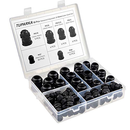 TUPARKA 50 Pack Cable Gland Waterproof Adjustable 3-16mm Cable Connectors PG7 PG9 PG11 PG13.5 PG16 PG19 Plastic Cable Gland Joints with Gaskets in PP Box #1