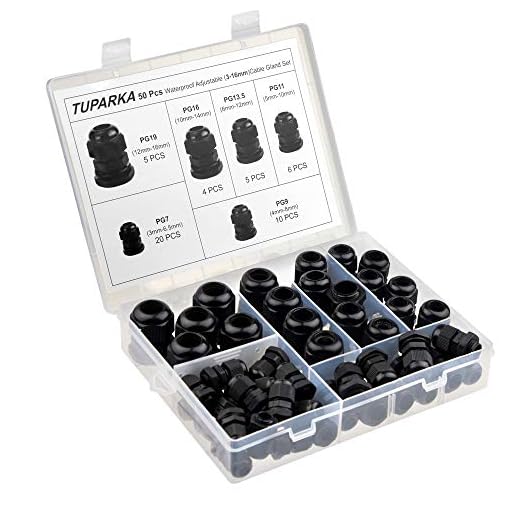 TUPARKA 50 pack kabelfördel vattentät justerbar 3-16 mm kabelanslutningar PG7 PG9 PG11 PG13,5 PG16 PG19 plastkabelförslitning med packningar i PP-låda