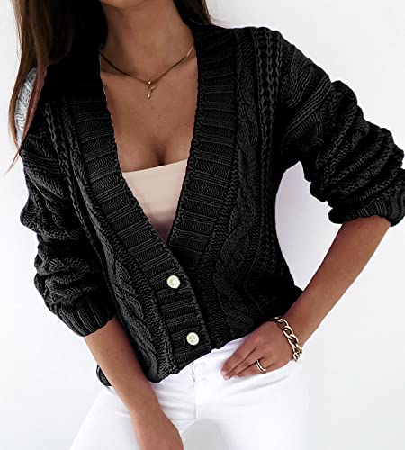 Women's Vintage Cable Knitted Solid Open Front Cardigan V-Neck Half Pearl Buttoned Croped Sweater Outwear3