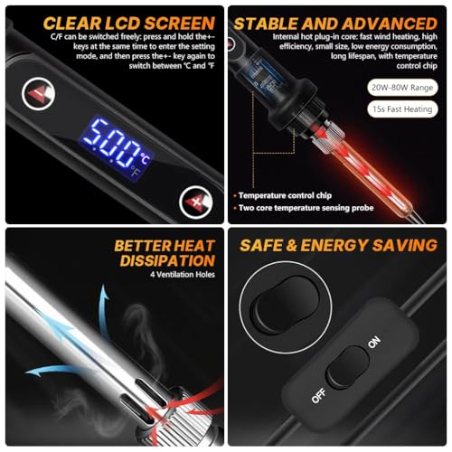 Image of 12-in-1 Soldering Iron Tool Kit 80W Fast Heat up LCD Soldering Gun Welding Tools with ON /OFF Switch, 180-500C Adjustable Temp Range, Includes Tips, Desoldering Pump, Stand, Tweezers (12-in-1)
