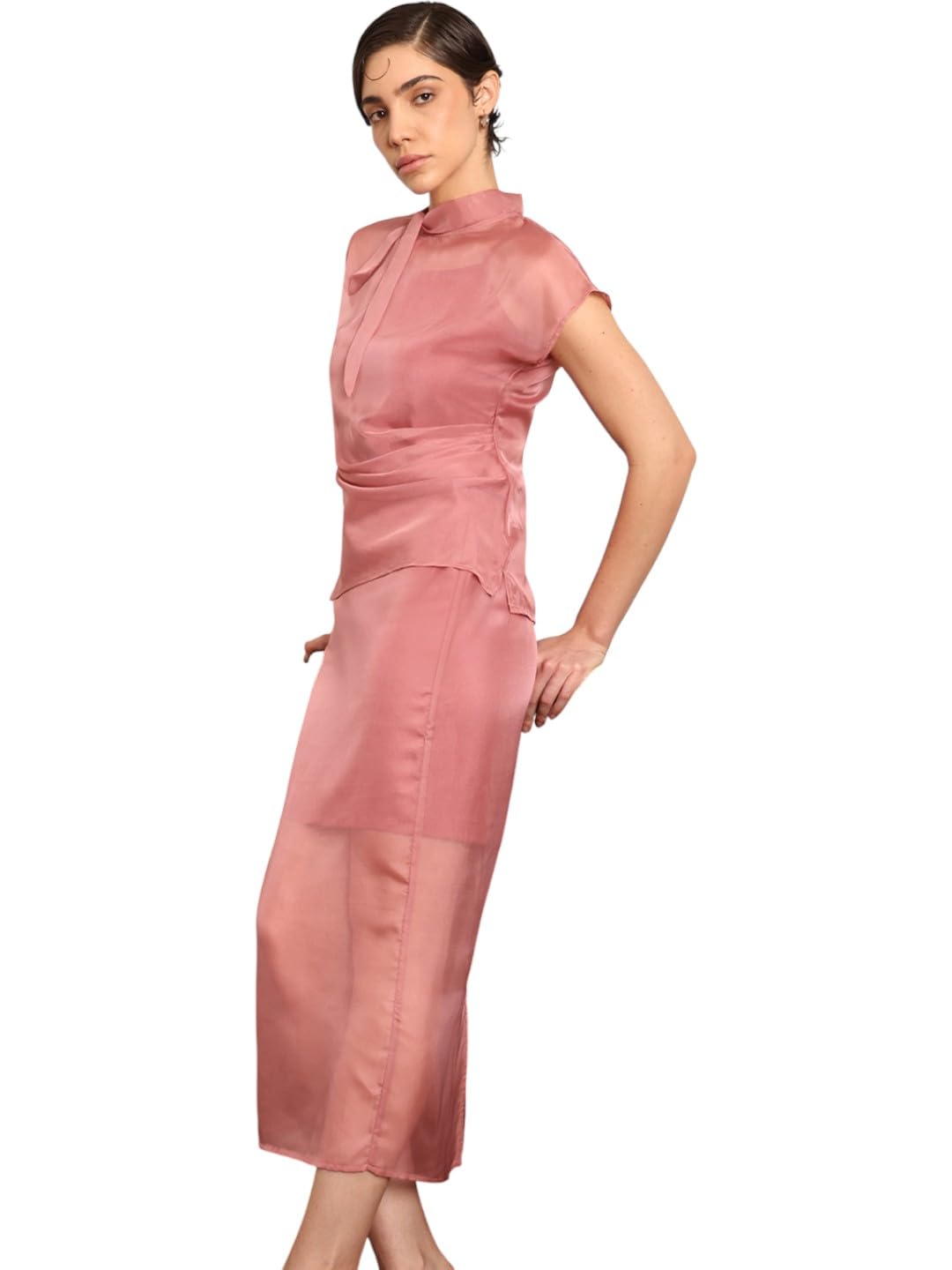 Women Top & Skirt Coord | Sheer Tie-Neck Short Sleeve Top & High-Rise Midi Skirt with Back Slit | Organza Fabric for Evening & Formal Events