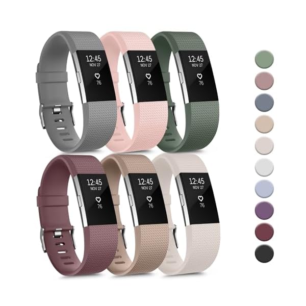 Tobfit 6 PACK Sport Bands Compatible with Fitbit Charge 2 Bands for Women Men, Soft Silicone Waterproof Straps Replacement Wristbands for Fitbit Charge 2 / Charge 2 HR Fitness Tracker