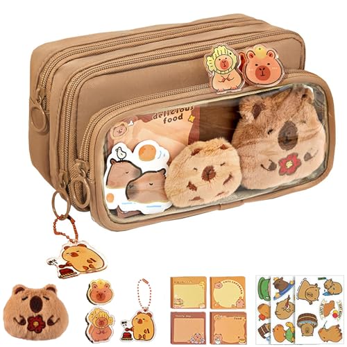 Pwzoax Cute Capybara Pencil Case, Multi-Layer Large Capacity Capybara Pencil Pouch, Pen Bag Canvas Capybara with Compartments, Comes with Brooch, Stickers, Pendant, and Memo Pad (Brown)