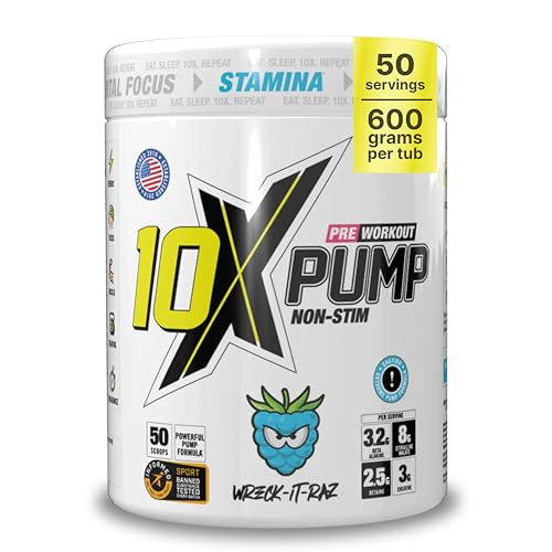 10X Athletic Non Stim Pre Workout Powder No Caffeine Beta Alanine Creatine Sugar Free Vegan Low Calorie Various Flavours 600g 25/50 Servings (Blue Raspberry)