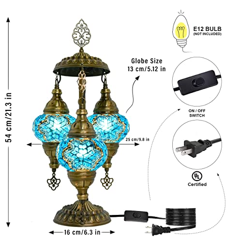 Mozaist Moroccan Handmade Mosaic Table Lamp, Turkish Vintage Boho Style Desk Light, 3 Globe Bedside Country Décor For Home Lighting, Rural Authentic Unique Gift With Us Plug & E12 Socket (Sea Blue) #TOP3