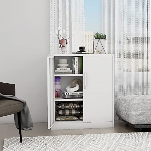 Anxxsu Metal Storage Cabinet, Lockable Steel Storage Cabinet with 2 Doors and Shelves, Metal Cabinet with Lock, Small Locking Cabinet for Home Office (White)