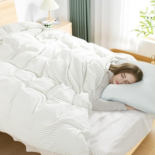 Image of NEXHOME PRO Striped Duvet Cover Queen Size,100% Washed Cotton Bedding Set,Textured Linen Feel,Breathable,Organic,3 Piece(Green Stripes 90x90)