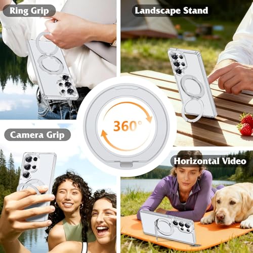 Image of DIZORO TPU Magnetic 360 Ring Stand Case Fit for Samsung Galaxy S25 Ultra Case, Compatible & Wireless Charging,Military Grade Drop Tested,Translucent Hard kick Back Cover (New White)