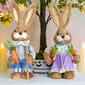 NEROSUN Set of 2 Easter Bunny Decorations, 14 Inch Straw Standing Bunny with Carrot Tabletop Figurine, Easter Rabbits Statue Decorations for Home Table Kitchen Farmhouse Spring Decor NEROSUN Set of 2 Easter Bunny Decorations 14 Inch Straw Standing Bunny with Carrot Tabletop Figurine Easter Rabbits Statue Decorations for Home Table Kitchen Farmhouse Spring Decor
