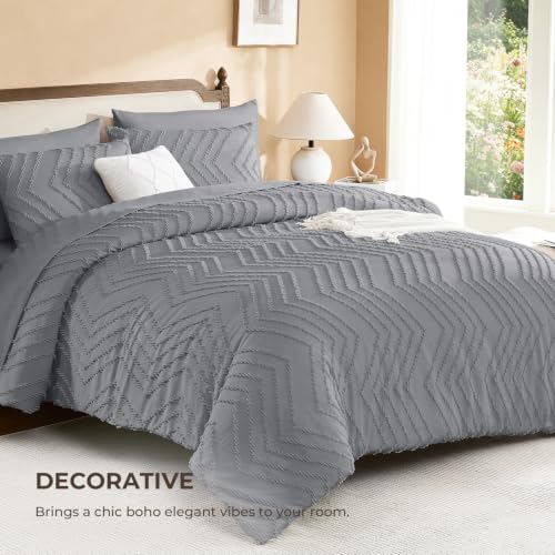 Image of Litanika California King Size Comforter Set with Sheets Medium Gray - 7 Pieces Bed in a Bag Cal King Chevron Tufted Complete Bedding Sets with Comforter, Sheets, Pillowcases & Shams