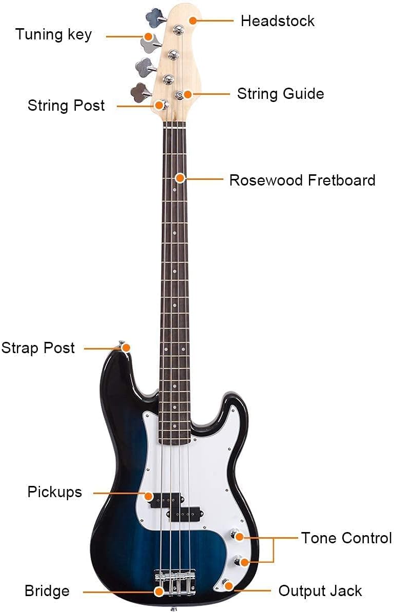 OLAKIDS Electric Bass Guitar Beginner Kit Full Size 4 String Exquisite Paulownia Burning Bass with Strap, Gig Bag, Amp Cord and Accessories (Blue)