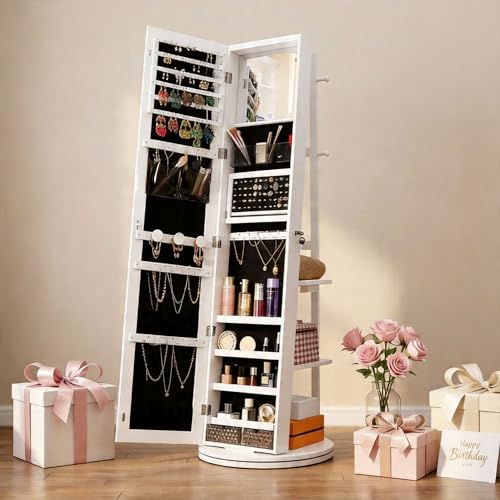 IRONCK 360° Swivel Mirrored Jewelry Cabinet with Full-Length Mirror, Charging Station, Lockable Standing Jewelry Organizer with Rear Storage Shelves, Interior Mirror, LED Lights, White