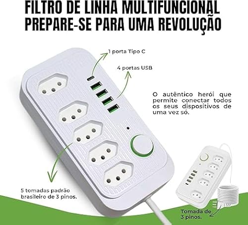 Régua de Energia Premium com 5 Tomadas, 4 USB e 1 USB-C - 2 Metros - 2500W (110-220V)