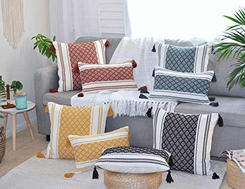 Oveesha Decorative Lumbar Pillow Cover With Boho Tassels Mustard Yellow 12X20 Inch -Set Of 2 / Small Rectangle Cushion Cover For Couch Sofa/Farmhouse Woven Pillow Case/Luxury Accent Cushion Cover #TOP6