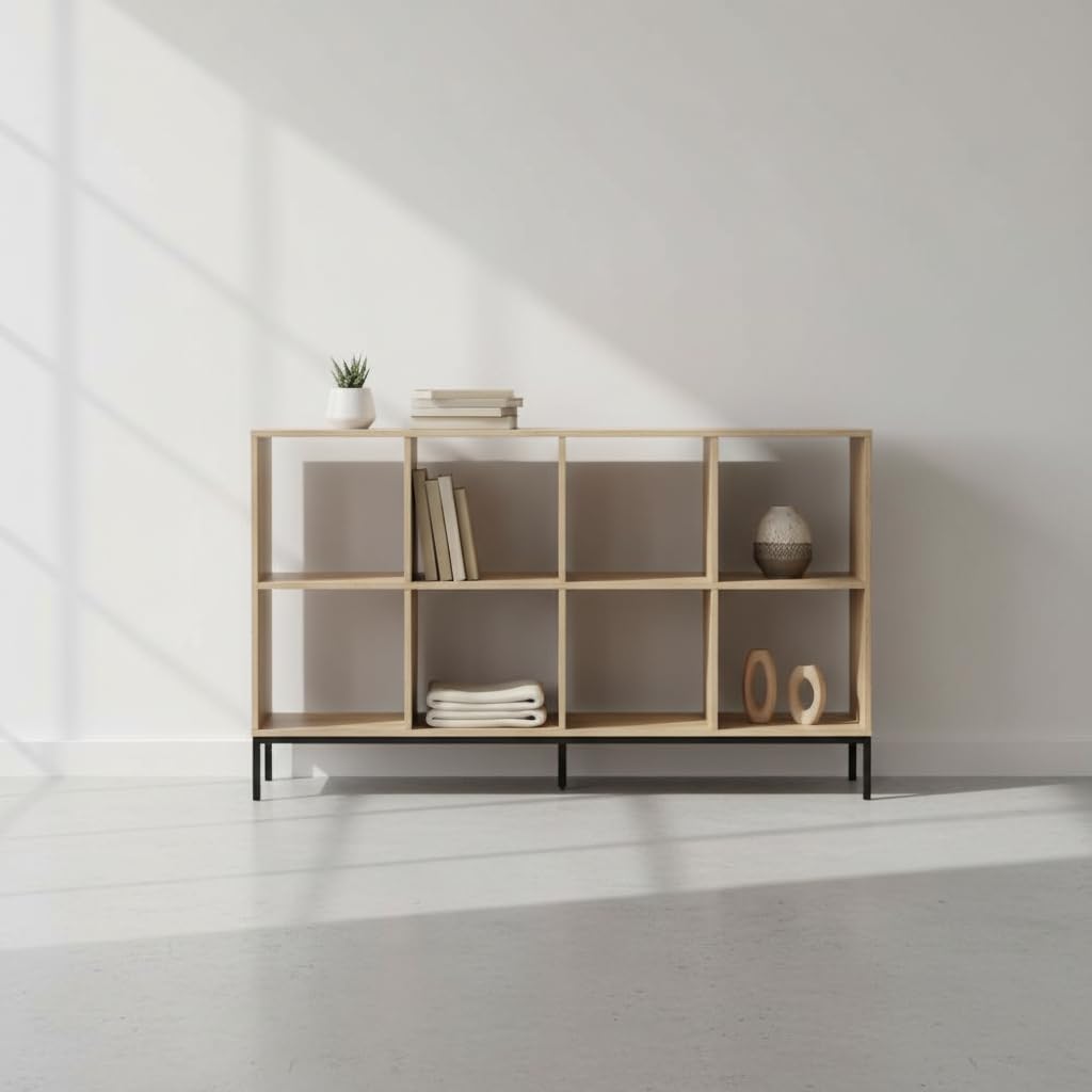 MOBLEKIT | Estantería Cubo 8 Compartimentos 118×29×72 cm, Estantería de Madera con Patas Metálicas, Librería Baja de Almacenaje con Baldas Amplias, Mueble Auxiliar para Salón, Dormitorio o Despacho