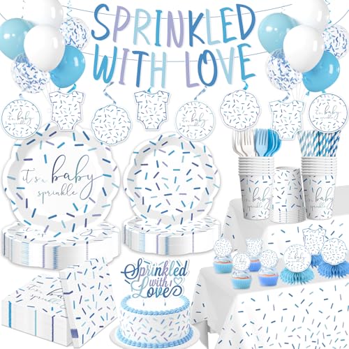 Xynic 205Pcs Baby Sprinkle Decorations Tableware Set Serves 25 Guests Sprinkled with Love Baby Shower with Blue Confetti Plates Napkins Tablecloths Banner and Cake Toppers for Boy