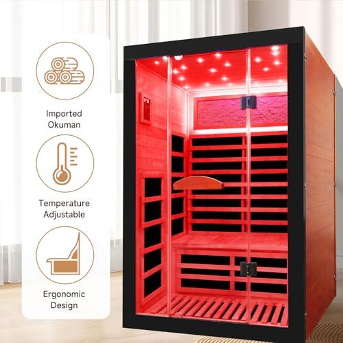Image of OUTEXER Infrared Sauna 2000W Wooden Saunas Home Spa Room Wood Low-EMF Indoor Saunas with with 7 Color Starry Sky Ceiling Light for Two Person 74.8 * 47.2 * 41.3Inch