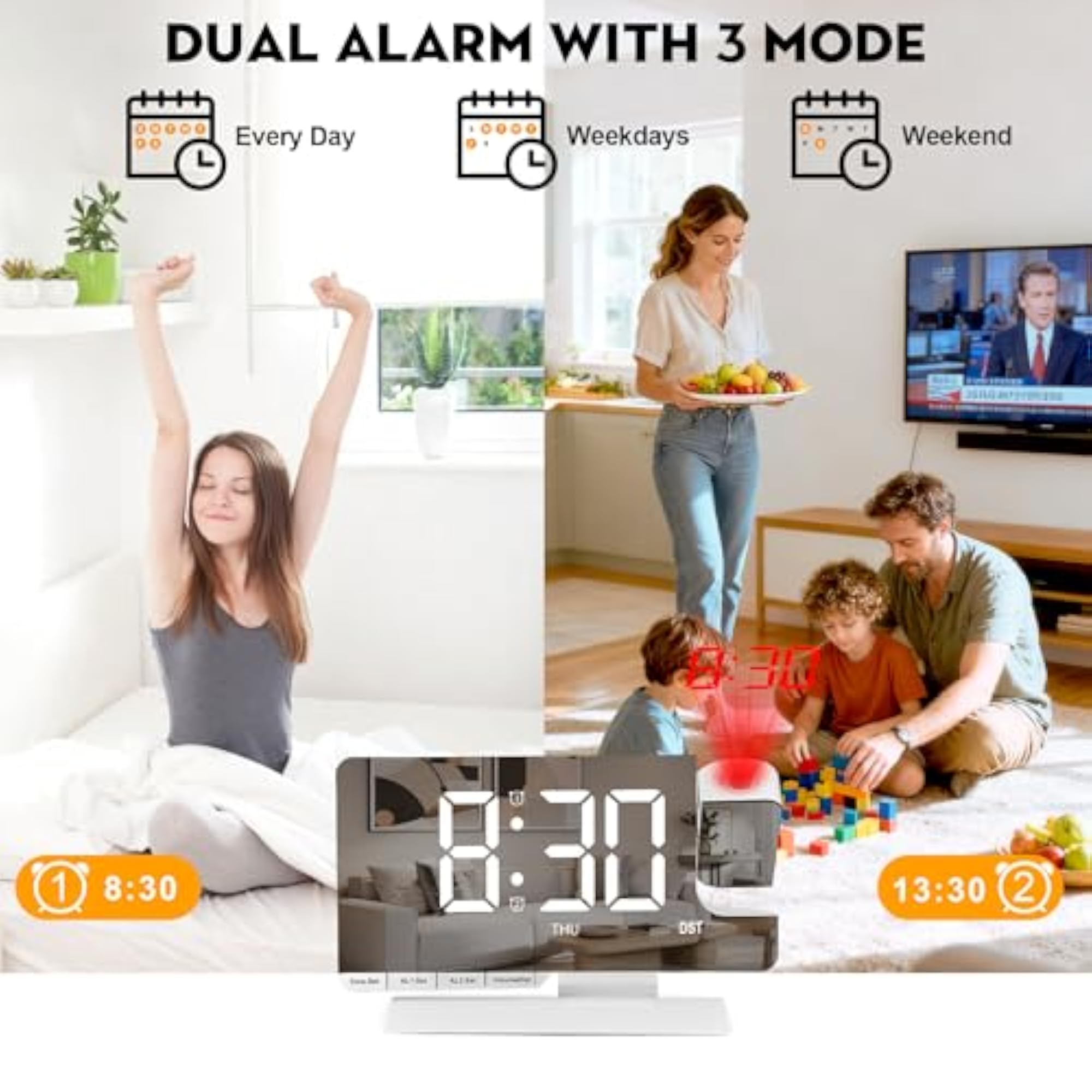 Mirror Projection Alarm Clock with Dual Alarm