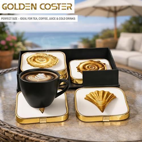Image of Goelite Stylist Modern Wooden Coasters with Golden Border, Set of 6 with Stand, Handmade for Tea Cups, Coffee Mugs, Beer Mugs, 10 x 10 cm (Marble Pattern)
