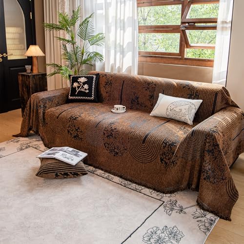 EvaLoome Chenille Couch Cover Pet Friendly, Sofa Blanket Washable with Fringe, Furniture Protector for Dogs Cats Kids, Fits Loveseat 2-Seater Sofa, Boho Style Living Room (Brown 71″x134″)