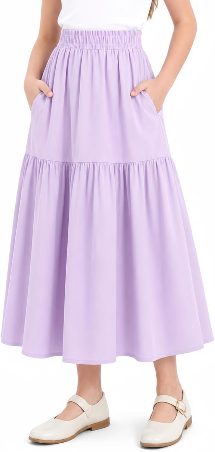 Girls Maxi Skirt with Pockets A-Line Long Skirt Casual Summer Skirts 6-14Y | Girls' Soft Lightweight Flowy Swing Skirt for Kids and Teens, Elastic High Waist Party Skirt for School and Daily Wear