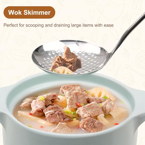 FJNATINH Stainless Steel Wok Tools Set,Wok Utensil - Wok Spatula,Turner,Ladle,Skimmer Tool Set,Mirror Polished Stainless Steel Cooking Utensils 14.6-15.2\" Kitchen Utensils Cookware, Pack of 4 - Thumbnail 6