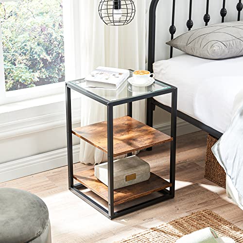 Nightstand End Side Table, Modern Bedside Table With Glass Top And Storage Shelf, 3-Tier Wooden Night Stands Tall Accent Table For Bedroom/Living Room, Rustic Brown #TOP1