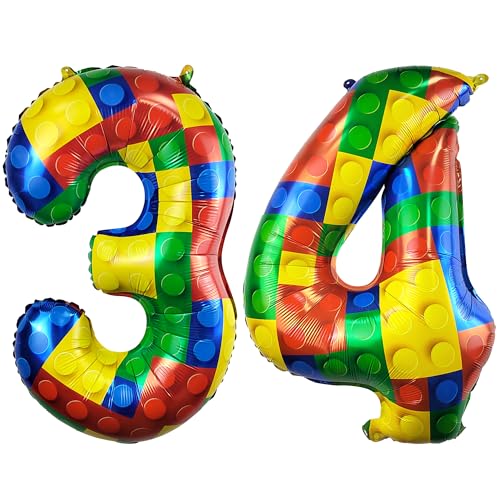 Image of 32 Inch Building Block Number 34 Balloons birthday Block Themed Large Big Helium Foil Mylar Balloon for Girls Boys Birthday Party Decoration Supplies