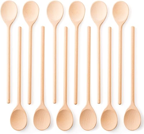 Mr.Woodware - Cucharas de madera de 10 pulgadas para cocinar, juego de 12 cucharas de madera de mango largo para mezclar, agitar, degustar,