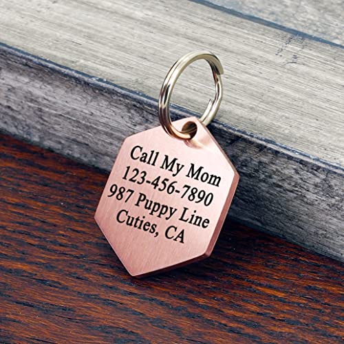 Ultra Joys Stainless Steel Dog ID Tag Personalized Front & Back Engraving, Customized Dog & Cat Tags Optional Both Sides, Hexagon Tag Vine Design, Rose Large