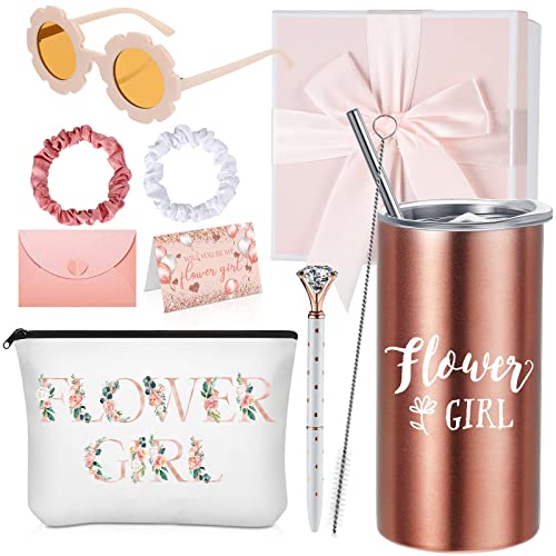 9 Pcs Flower Girl Gifts Set Personalized Flower Girl Tumbler With Straw Be My Flower Girl Card Bride Gift Box Canvas Bag Sunglasses Hair Ring Diamond Pen Envelope Bride Gifts For Wedding Party #TOP17