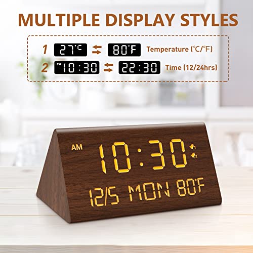 Fomobest Wooden Digital Alarm Clock, 0-100% Dimmer, Dual Alarm Settings, Weekday /Everyday Mode, 9 Mins Snooze, 12/24H, Temperature And Date Display, Modern Clock For Kids Bedroom Living Room #TOP4