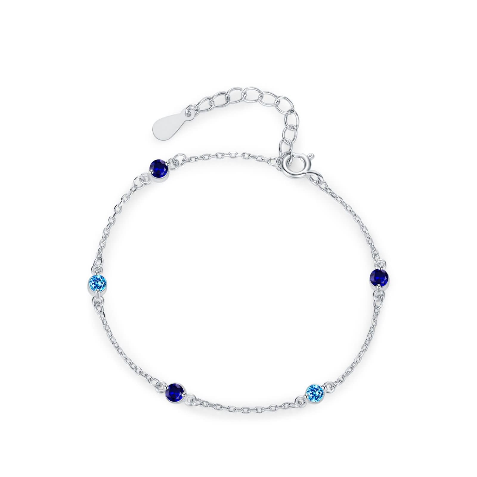 Pulsera para Mujer de Oro Blanco 9K / 14K / 18K, Redondo con Zafiro Creado de 0,35 ct y Topacio de 0,2 ct, Cadena Extensible 16 CM + 5 CM, Pulseras de Ajustable Mujer de Plata Azul