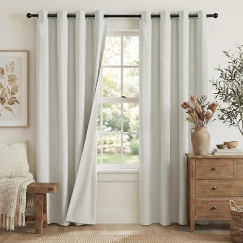 PONY DANCE White 100% Blackout Curtains with Beige Coated Backing - Textured Faux Linen Eyelet Curtain for Bedroom & Living Room, Thermal Insulated Energy Saving, 52 x 54 Inch (132 x 137 cm), 2 Panels